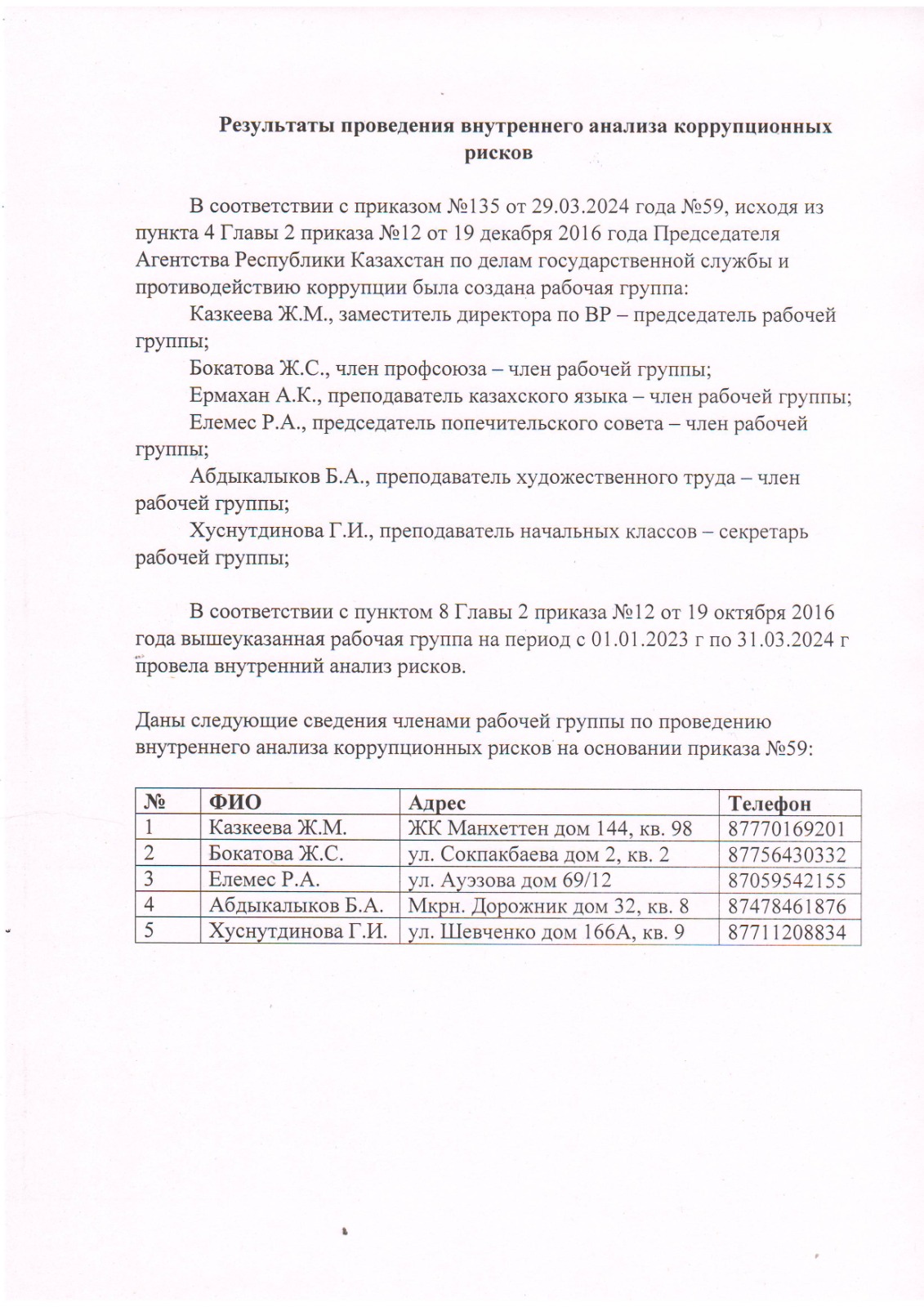 Результаты проведения внутреннего анализа коррупционных рисков