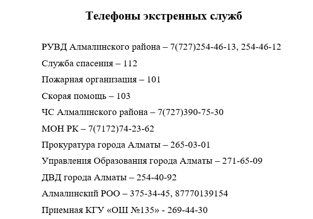 Контактные телефоны экстренных служб